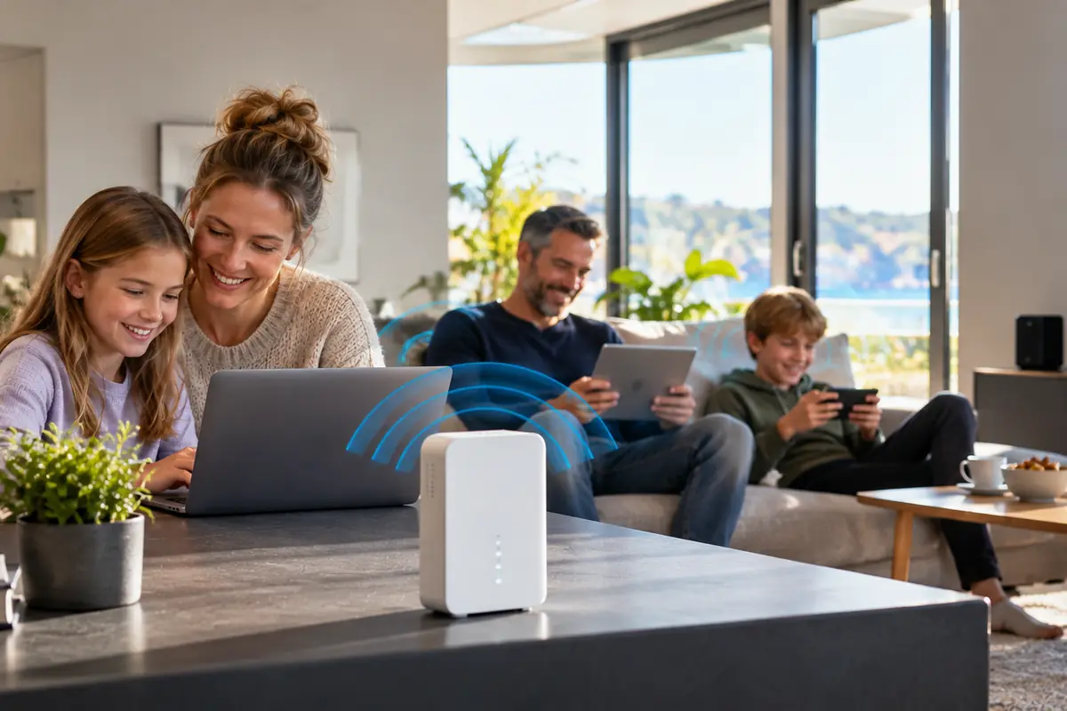 Familie i stuen bruger bærbar, tablet og mobil på 5G-internet fra en router på bordet